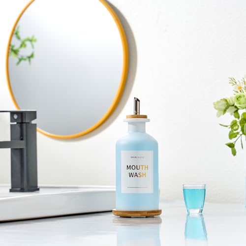 MUVEKA White Glass Mouthwash Dispenser Set - 11.8oz with Bamboo Tray