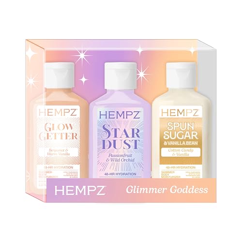 Hempz Mini Shimmer Lotion Set, Gold, Silver and Rose Gold Moisturizer, Glimmer Goddess Radiant Skin Travel Kit, 3 pack, TSA Approved, 2.25 oz