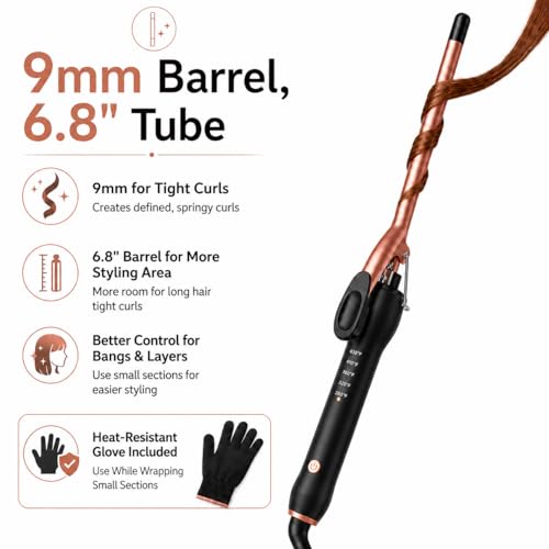 HCAH 3/8 Inch Small Barrel Curling Iron - Extra Long Ceramic Hair Curler