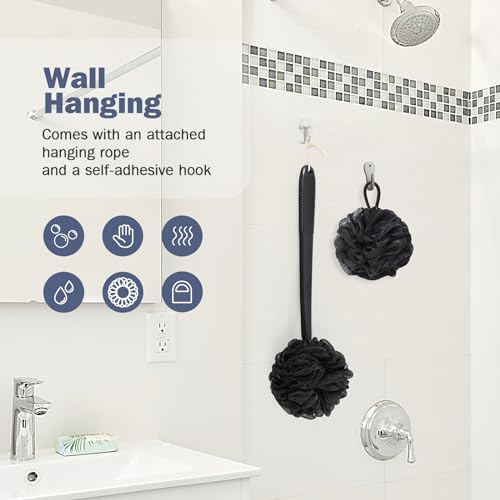 ROLIZOE 17-Inch Black Non-Slip Back Scrubber with Handle - Hand Shower Loofah & Loofah on a Stick Set