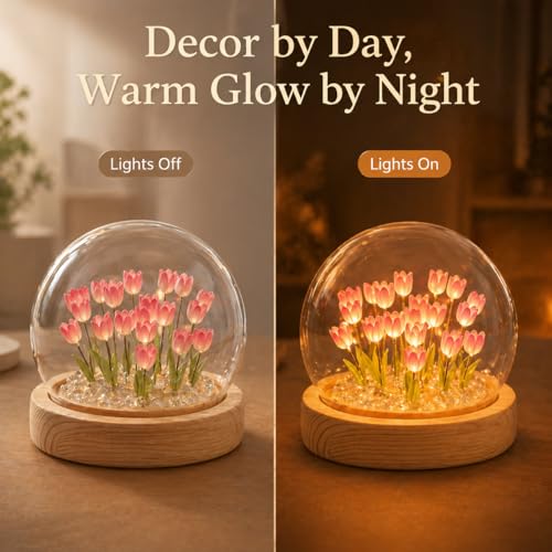 USB Powered LED Tulip Night Light with Glass Dome & Wooden Base