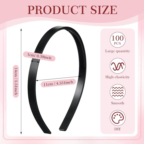 Bulk 100 Black Plastic Headbands with Teeth, Comfortable Fit, 10mm Wide