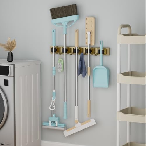 Reliahom Adjustable Broom Holder Wall Mount Storage Rack - 5 Racks & 4 Hooks