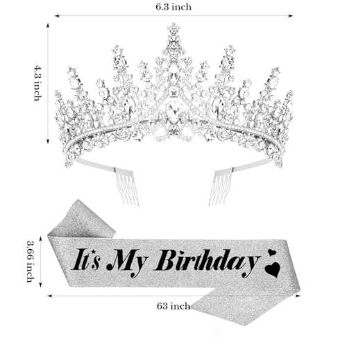 CURASA Silver Birthday Tiara and Sash Set - Rhinestone Crown for Women