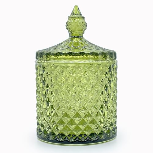 10 oz Olive Green Glass Candy Dish with Lid - Decorative Storage Jar