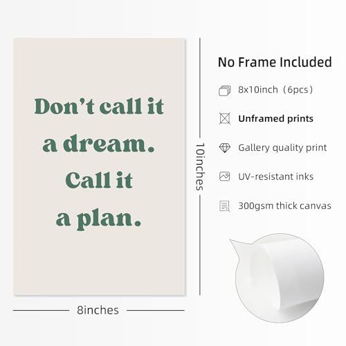 Motivational Wall Art Prints - Set of 6 Inspirational Quotes, 8x10 Unframed Canvas for Office & Home Decor
