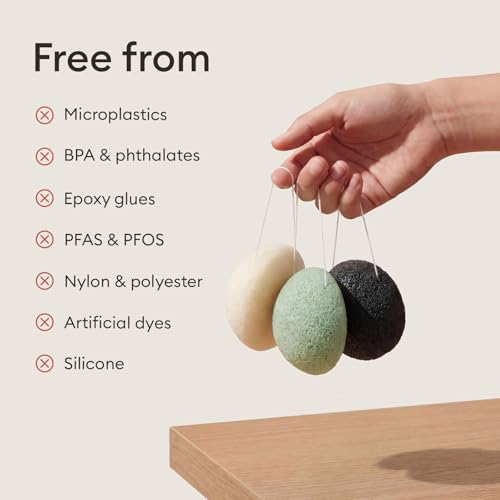 Organic Konjac Facial Sponges 3-Pack with Bamboo Charcoal & Green Clay