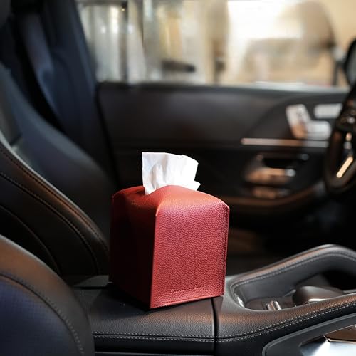 Elegant PU Leather Tissue Box Holder - Crimson Red for Home & Office