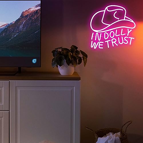 In Dolly We Trust Neon Sign - Pink Cowgirl Hat LED Wall Art