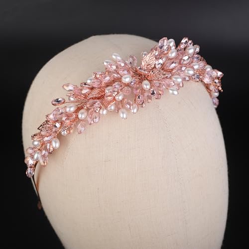Pink Bridal Crystal Headband with Rhinestone Pearl Beads Wedding Hair Crown - Handmade Leaf Design