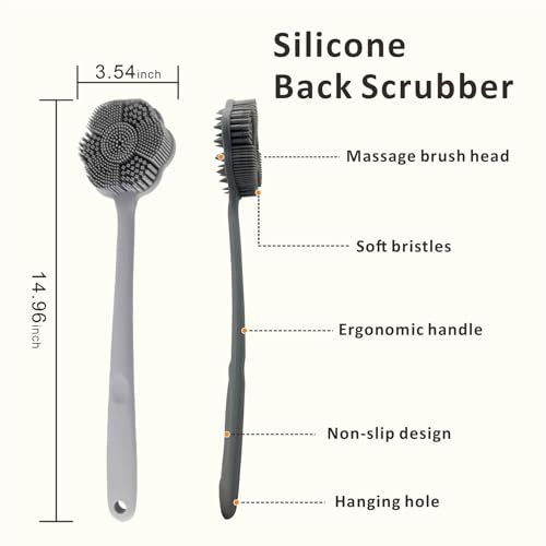 HIEERBUS 15-Inch Silicone Back Scrubber and Facial Cleansing Brush Set