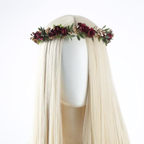 Red Rose Flower Headband - Artificial Fairy Elf Crown with Baby's Breath & Green Leaves