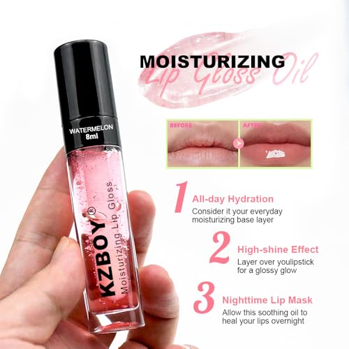 KZBOY Watermelon Scented Lip Gloss 8ml Moisturizing Lip Oil for Dry Lips, High Shine & Smooth Finish, Clear Pink Shade