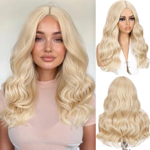 WIGER Long Blonde Wavy Curly Wig for Women - 20 Inch Middle Part, Heat-Resistant Synthetic Fiber
