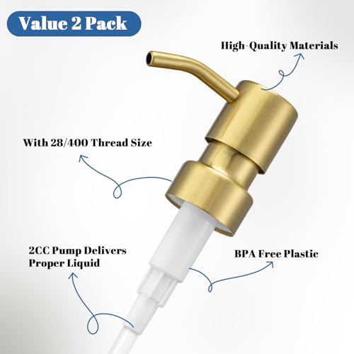304 Stainless Steel Soap Dispenser Pump Replacement - 2 Pack, Brushed Gold