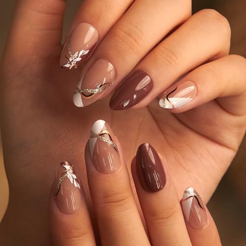Curvlife Line & Leaf Design Medium Press On Nails Kit - Reusable False Almond Tips with Gold Accents, Glue & Tools Included