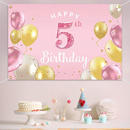 Happy 5th Birthday Banner - Pink Party Backdrop 3.9x5.9ft