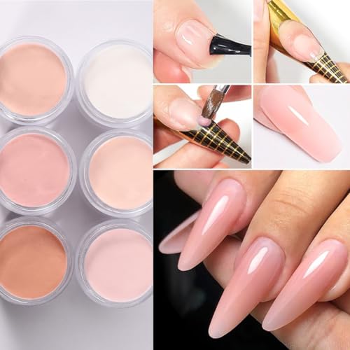 6-Color Acrylic Nail Powder Kit with Glitter - Nude Pink, White, Crystal & More for Nail Art