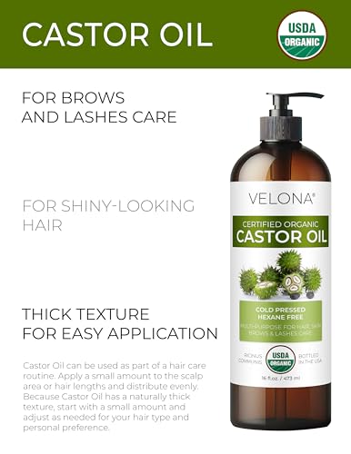 Velona USDA Organic Castor Oil 16 fl oz, Cold Pressed with Pump - Organic Castor Oil