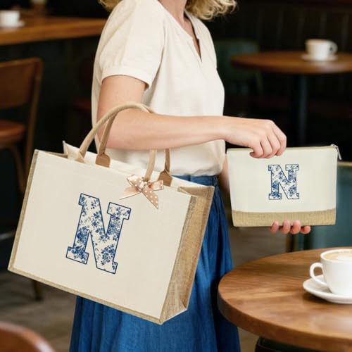 KongMoTree Monogrammed Tote Bag for Women - Personalized Canvas Makeup & Gift Bag, N Variation
