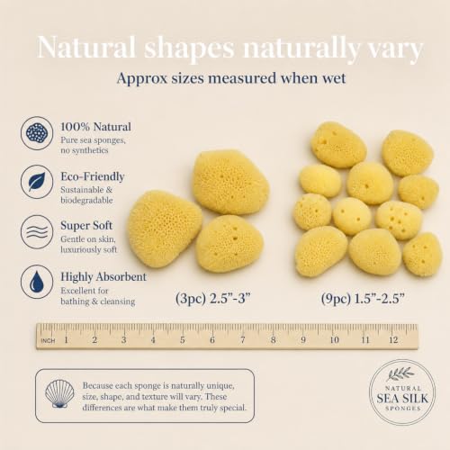 Natural Sea Silk Sponges 12-Pack for Face Makeup & Cleansing, Reusable Facial Pads