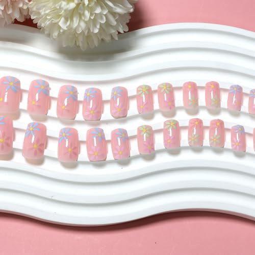 Pink Flower Press-On Nails | Short Square Acrylic Fake Nails - 24 Pcs