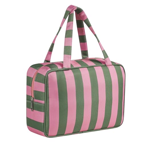 Large Stripe Travel Cosmetic Bag with Handle - Green Pink Variation