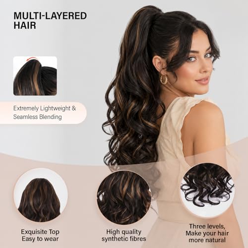 24 Inch Dark Brown & Honey Blonde Highlighted Ponytail Extension - Soft Wavy Claw Clip