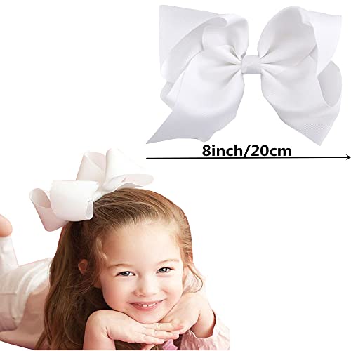 Salocy White 8-Inch Boutique Hair Bows Clips for Girls & Toddlers - Set of 2