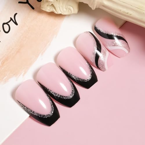 24PCS Medium Square Press-On Nails with Silver Glitter French Tips