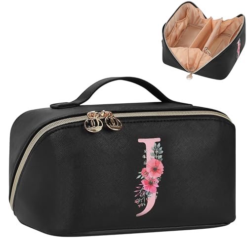 Personalized Black Makeup Bag with Initial 'J' - Travel Cosmetic Organizer