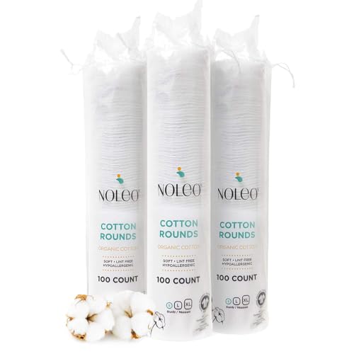 Noleo Organic Cotton Rounds for Makeup & Baby Wipes - 3 Pack of 100 Small Pads, Sensitive Skin Friendly