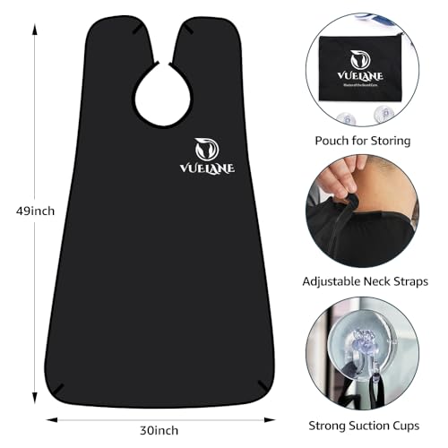 VUELANE Black Beard Bib Apron Hair Catcher for Men Grooming, Non-Stick Shaving Catcher with Suction Cups