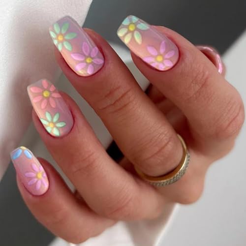 Pink Flower Press-On Nails | Short Square Acrylic Fake Nails - 24 Pcs