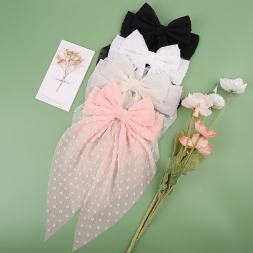 MRJ 4Pcs Big Chiffon Hair Bows for Women & Girls - Black, White, Beige, Light Pink