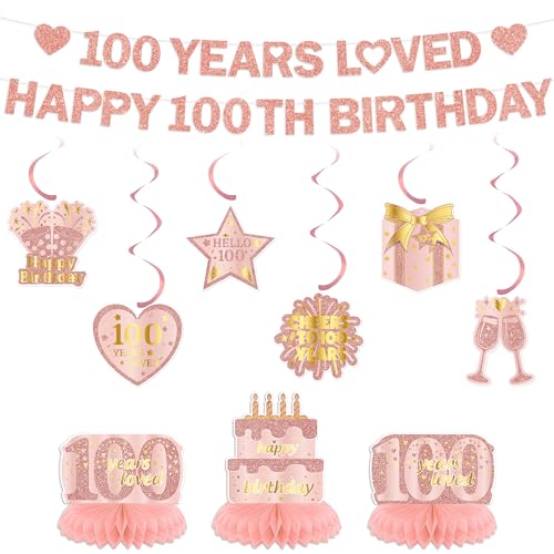 Rose Gold 100th Birthday Decorations Set for Women