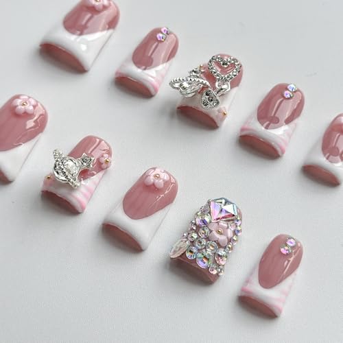 Luxury Medium Almond Press on Nails - French Tip with Flower & Rhinestones