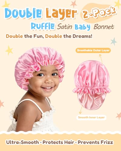 Kids Satin Bonnet Set 2 pcs for Girls 3-12 Years Rosegold & Hotpink - Double Layer Silk Baby Sleep Caps