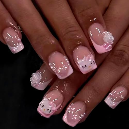 24 Pcs Nude Pink French Tip Press-On Nails Kit with 3D Pearl Design
