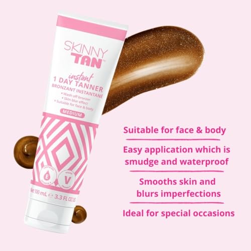 SkinnyTan 1-Day Instant Self Tanning Lotion for Face & Body - Hydrating, Quick-Dry, Medium Shade, 3.3 oz