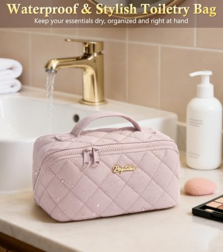 Pink Rose Medium Travel Makeup Bag - Large Capacity Puffy Cosmetic Organizer for Women