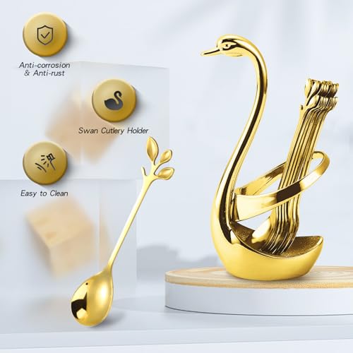 Gold Stainless Steel Swan Dinnerware Set with 12 Leaf Spoons