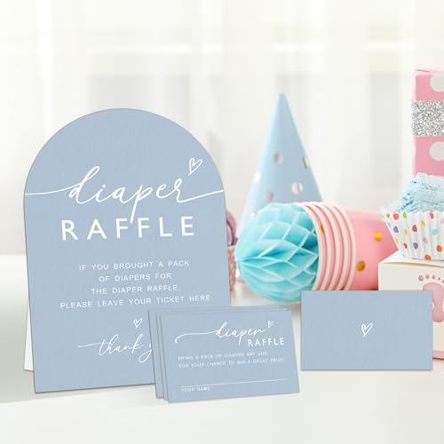 50 Diaper Raffle Tickets & Stand for Baby Shower Games - Blue