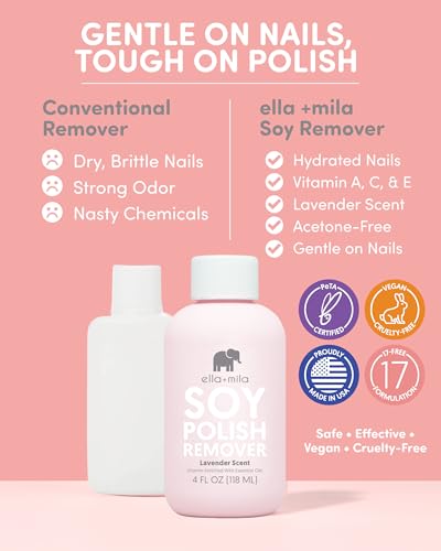 ella+mila Soy Nail Polish Remover - Non-Acetone with Lavender Oil, 4 fl oz