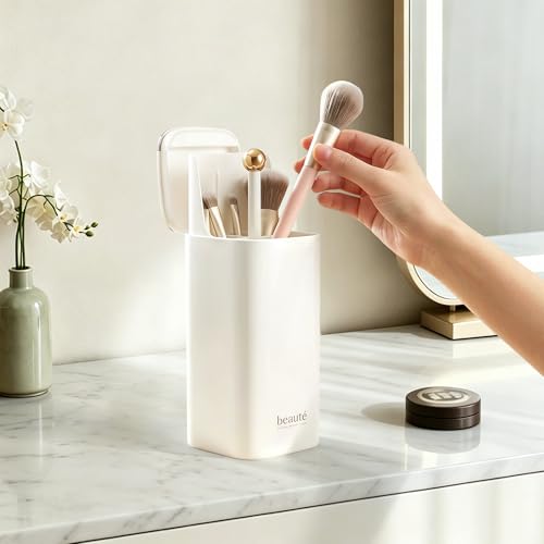 Kofebe White Makeup Brush Holder with Pop-Up Organizer