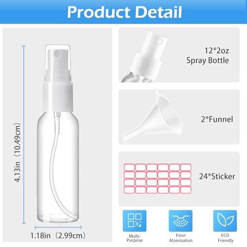 Zoizocp 2oz Fine Mist Spray Bottles - 12 Pack Refillable Travel Containers