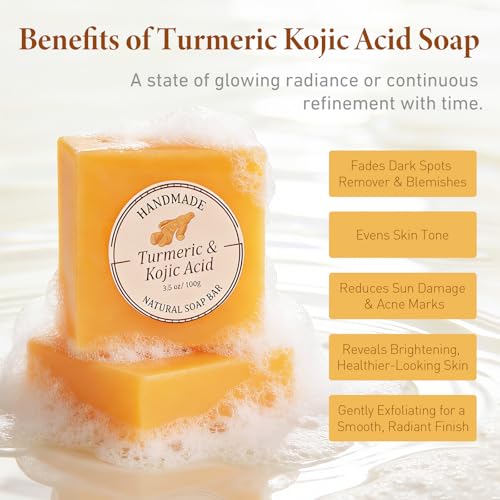 Kojic Acid Turmeric Brightening Soap Bars with Foaming Net - Skin Tone Corrector for Face & Body, 2-Pack