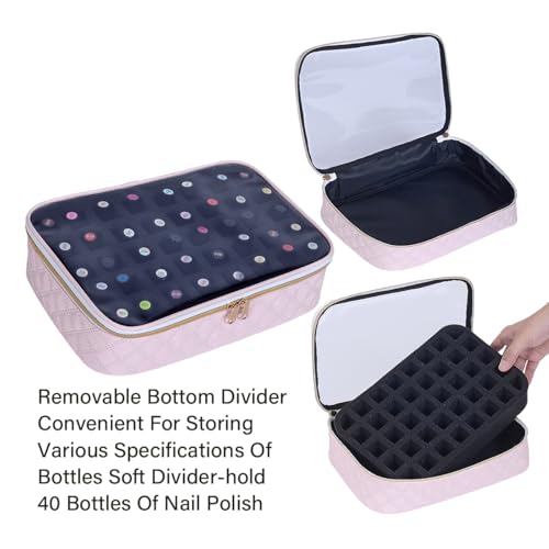 Pink Clear Nail Polish Organizer Bag Holds 40 Bottles with Detachable Compartments