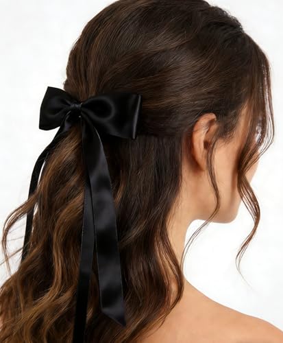 SINNKY 4 Pack Hair Bows for Women Girls - Black & Beige Ribbon Hair Clips