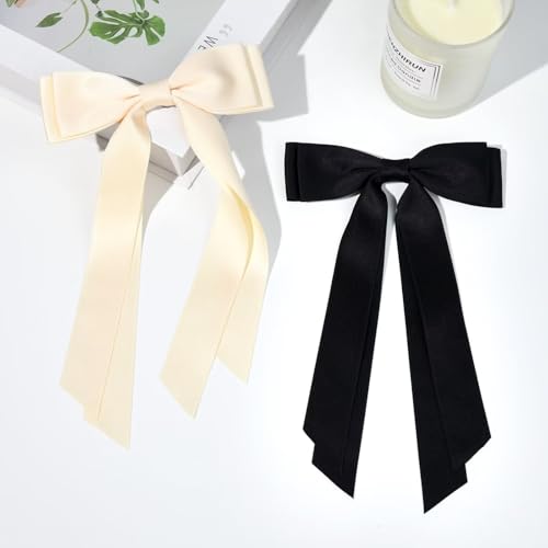 2PCS Handmade Satin Hair Bows Clips for Women & Girls - Beige & Black